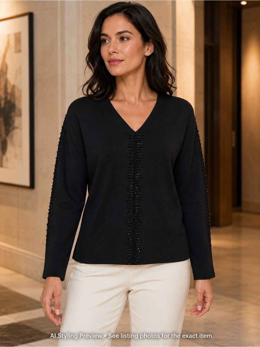 Etoile Women’s S/M Black Beaded V-Neck Knit Sweater Embellished Long Sleeve